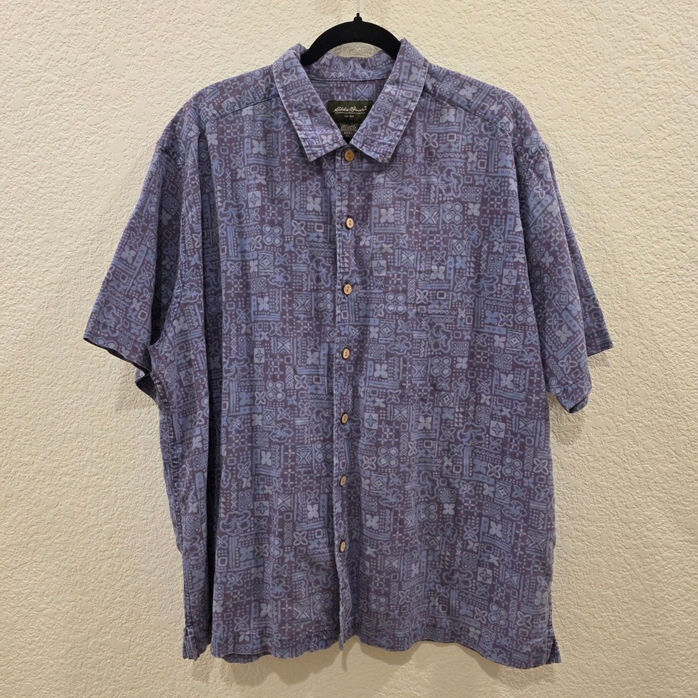 Eddie Bauer Button Down Shirt Mens XL Blue Purple Linen Blend Geometric Print